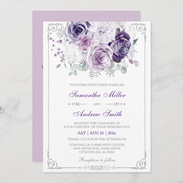 Elegant Purple and Silver Wedding Invitation (Front/Back)