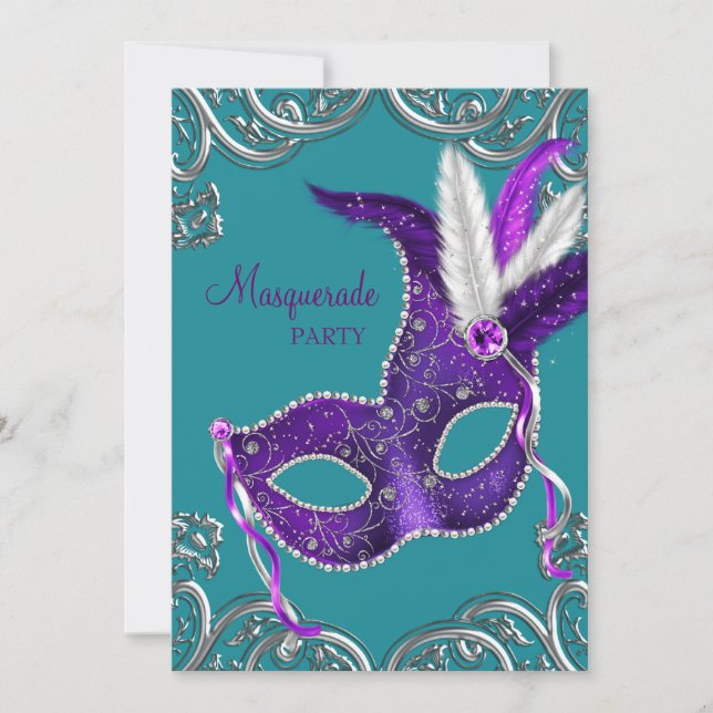 Elegant Purple and Turquoise Blue Masquerade Party Invitation (Front)