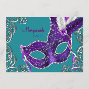 Elegant Purple and Turquoise Blue Masquerade Party Invitation
