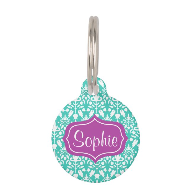 Elegant Purple And Turquoise Damask Pattern Pet Tag (Front)