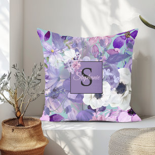 Elegant Purple And Violet Wildflowers And Monogram Cushion