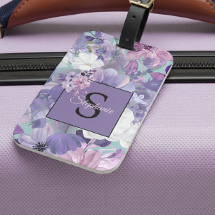 Elegant Purple And Violet Wildflowers And Monogram Luggage Tag