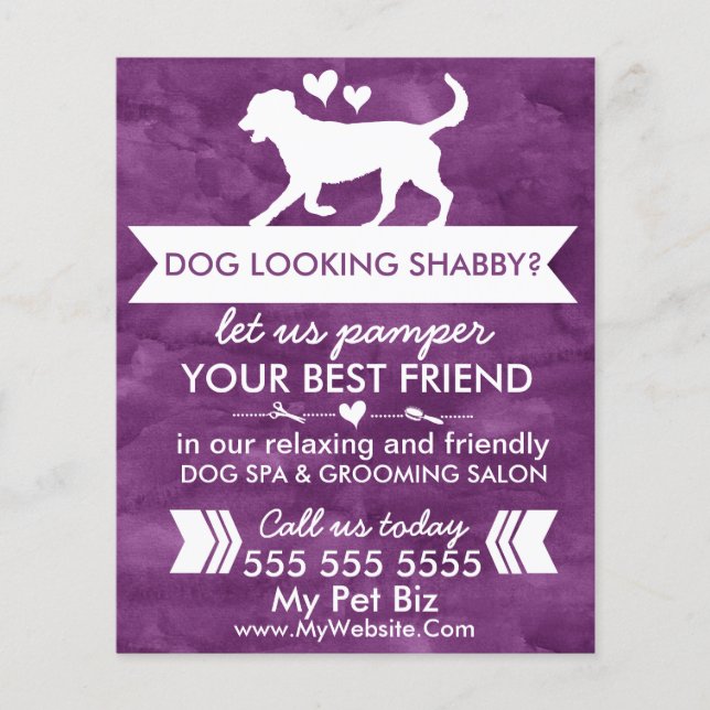 Elegant Purple and White Custom Dog Grooming Flyer (Front)