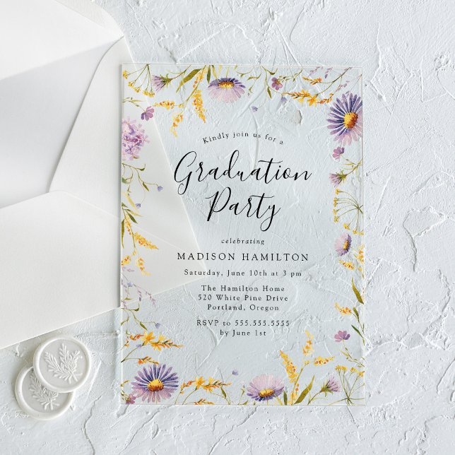 Elegant Purple and Yellow Floral Graduation Party Acrylic Invitations (Creator Uploaded)