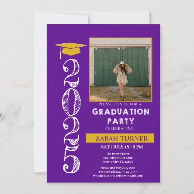 Elegant Purple and Yellow Gold Graduation Invitation (Front)