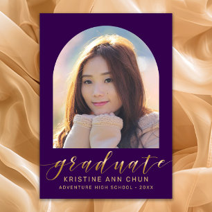 Elegant Purple Arch Gold Script Photo Graduation Announcement