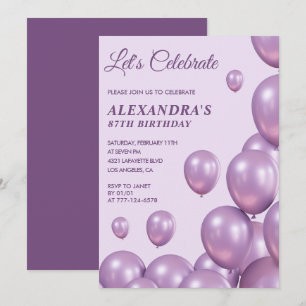 Elegant Purple Balloons 87th birthday invitations 