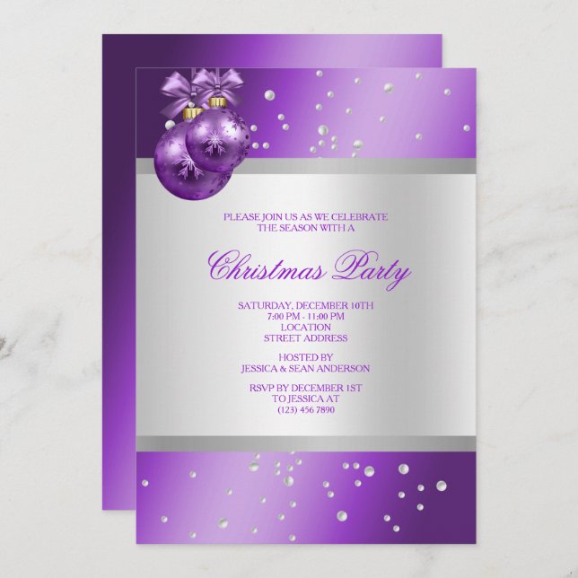 Elegant Purple Baubles & Pearls Christmas Invitation (Front/Back)