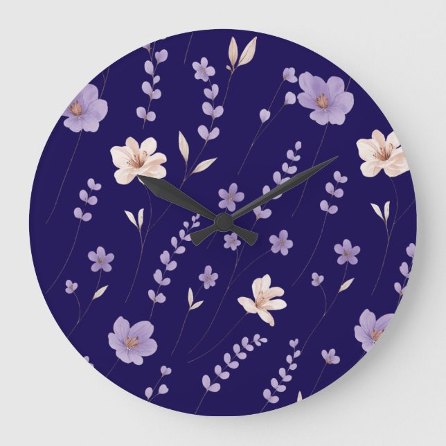  Elegant Purple & Beige Floral Pattern Large Clock (Front)