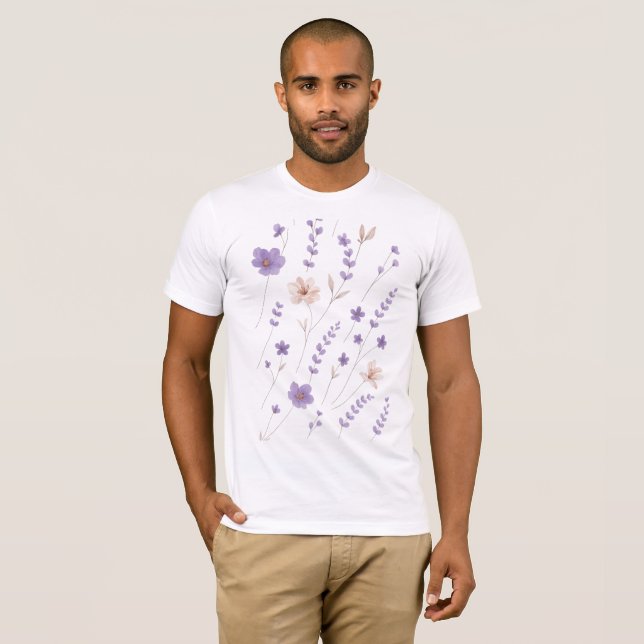  Elegant Purple & Beige Floral Pattern T-Shirt (Front Full)