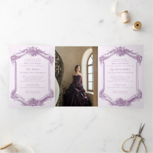Elegant Purple Bilingual Quinceañera 15th Birthday Tri-Fold Invitation