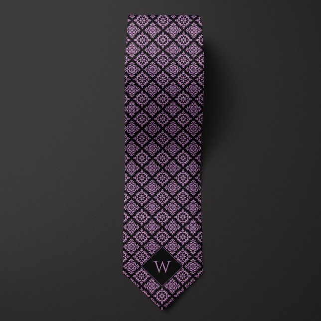 Elegant Purple & Black Arabesque Monogram Tie (Creator Uploaded)