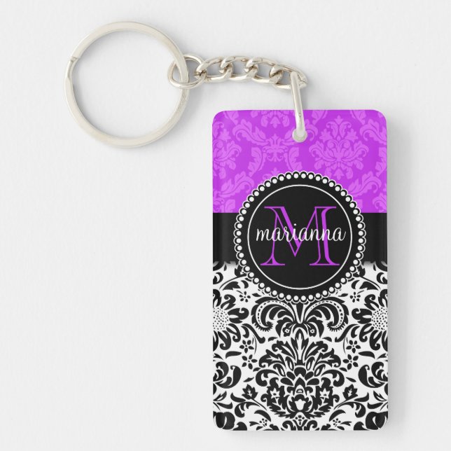 Elegant Purple Black Damask Personalised Key Ring (Front)