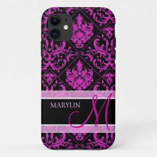 Elegant Purple & Black Damask with monogram iPhone 11 Case