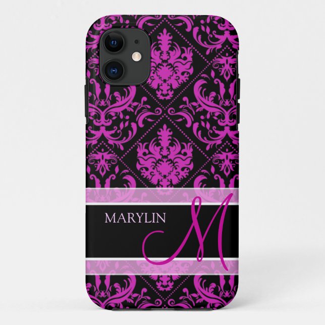 Elegant Purple & Black Damask with monogram Case-Mate iPhone Case (Back)