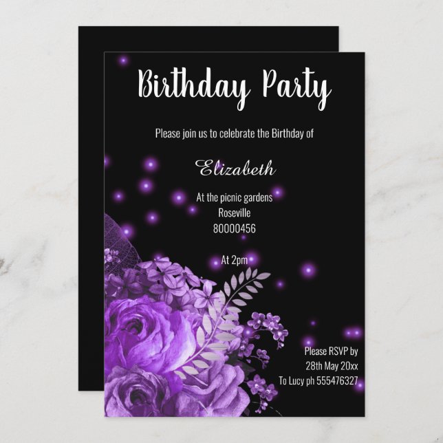ELEGANT PURPLE BLACK FLORAL BIRTHDAY INVITATION (Front/Back)