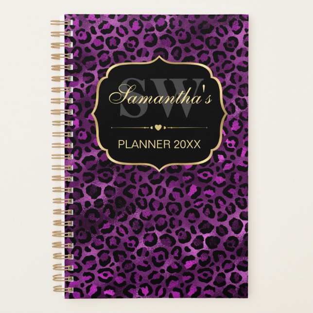 Elegant Purple & Black Foil Leopard Spots Monogram Planner (Front)