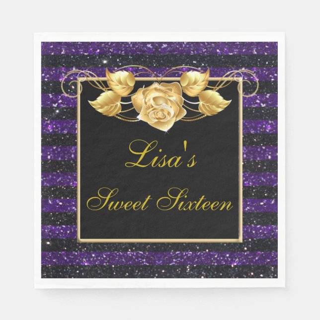 Elegant Purple Black Glitter Gold Rose Sweet 16 Napkin (Front)
