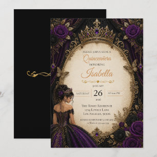 Elegant Purple Black Gold Quinceañera Invitation