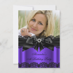Elegant Purple Black Lace Diamond Bow Birthday Invitation