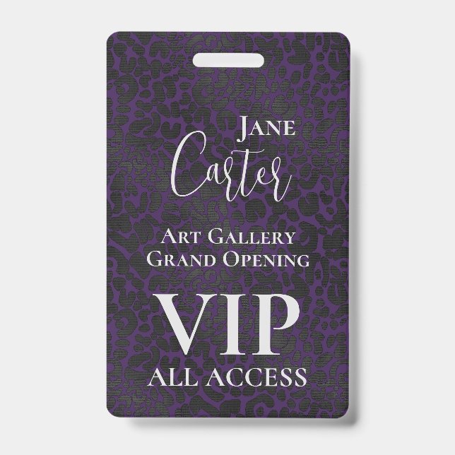 Elegant Purple Black Leopard VIP All Access Pass ID Badge (Front)