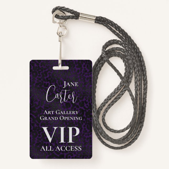 Elegant Purple Black Leopard VIP All Access Pass ID Badge (Front with Lanyard)