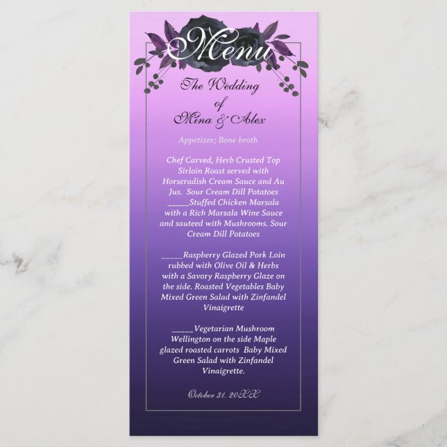 Elegant Purple Black Rose Reception  Menu (Front)