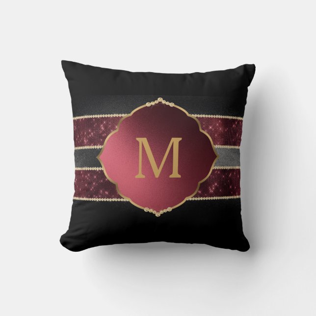 Elegant Purple Black Stripes Gold Monogrammed Cushion (Front)