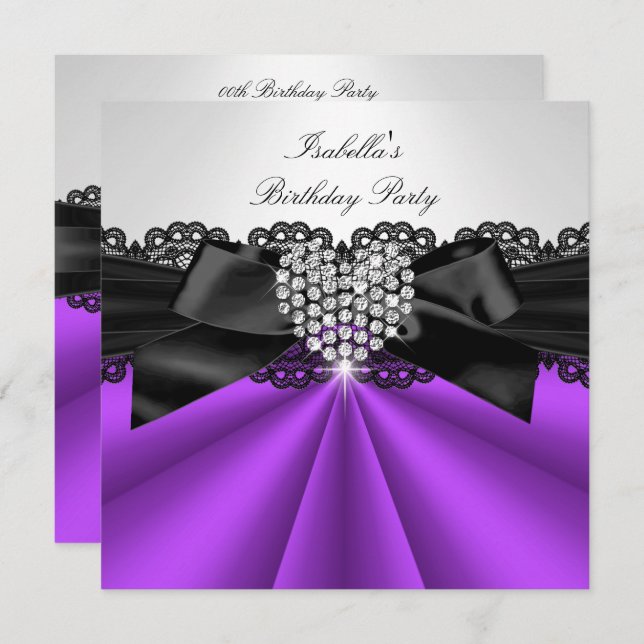 Elegant Purple Black White Diamond Birthday Party Invitation (Front/Back)