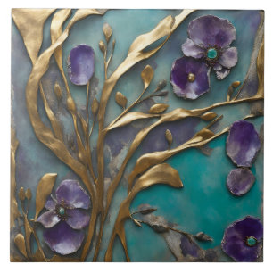Elegant Purple Blossom Art on Gold Metallic Branch Ceramic Tile