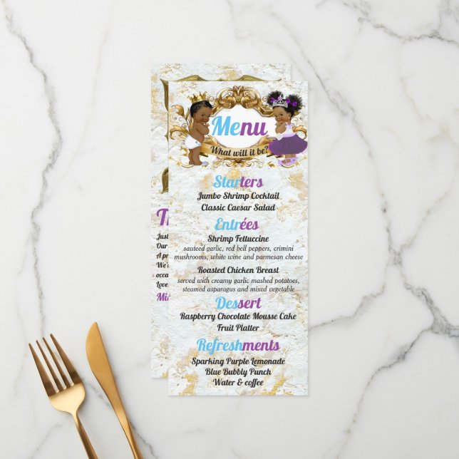Elegant Purple | Blue African Gender Reveal Photo Menu (Front/Back In Situ)