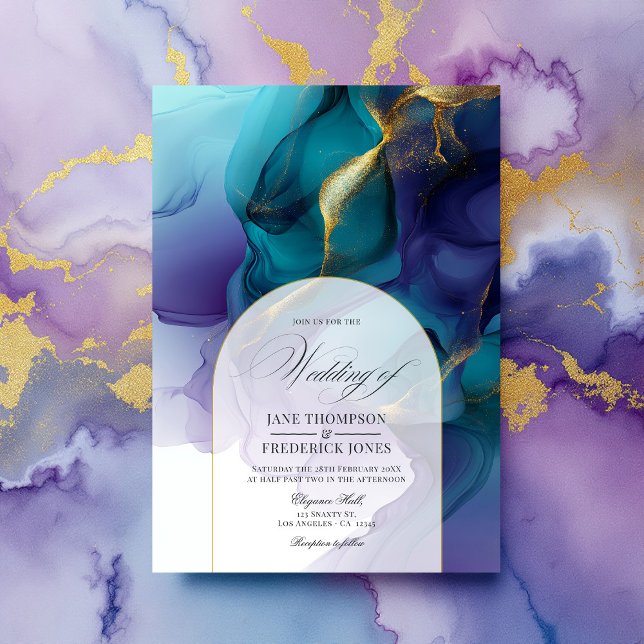 Elegant Purple, Blue, and Gold Flowing Ink Wedding Invitation (Elegant Purple, Blue, and Gold Flowing Ink Wedding Invitation)