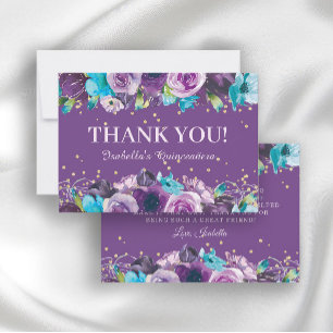 Elegant Purple Blue Floral Quinceañera Birthday Thank You Card