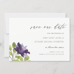 Elegant Purple Blue Floral Watercolor Rose Flower  Save The Date