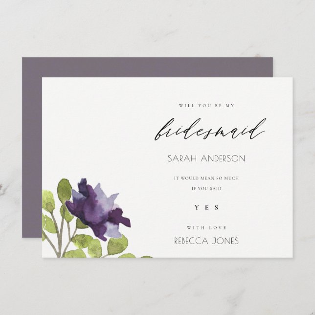 ELEGANT PURPLE BLUE FLORAL WATERCOLOUR BRIDESMAID INVITATION (Front/Back)