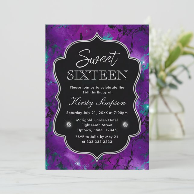 Elegant Purple & Blue Galaxy Marble Sweet Sixteen Invitation (Standing Front)