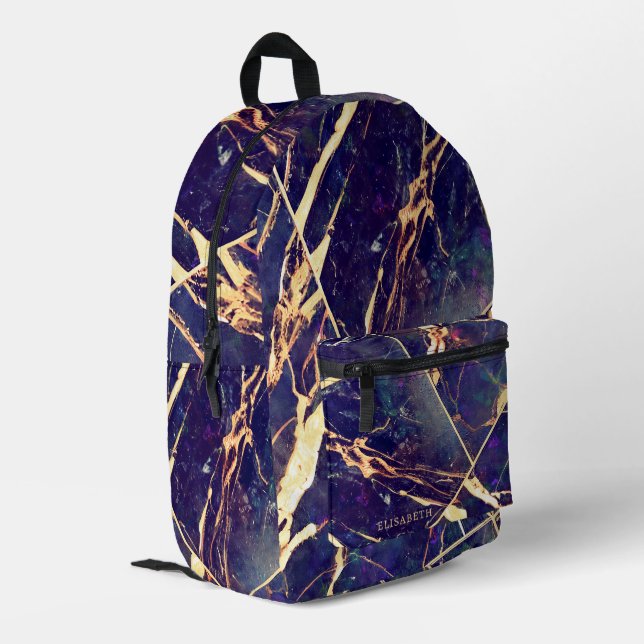  Elegant Purple Blue Gold Marble Add Name Monogram Printed Backpack (Back Corner Left)
