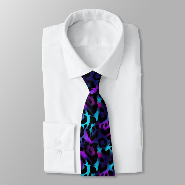 Elegant purple blue Neon Leopard Pattern Tie (Tied)