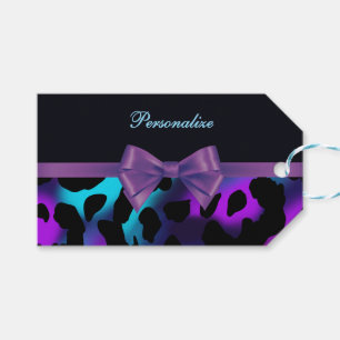 Elegant purple blue Neon Leopard Ribbon Gift Tags