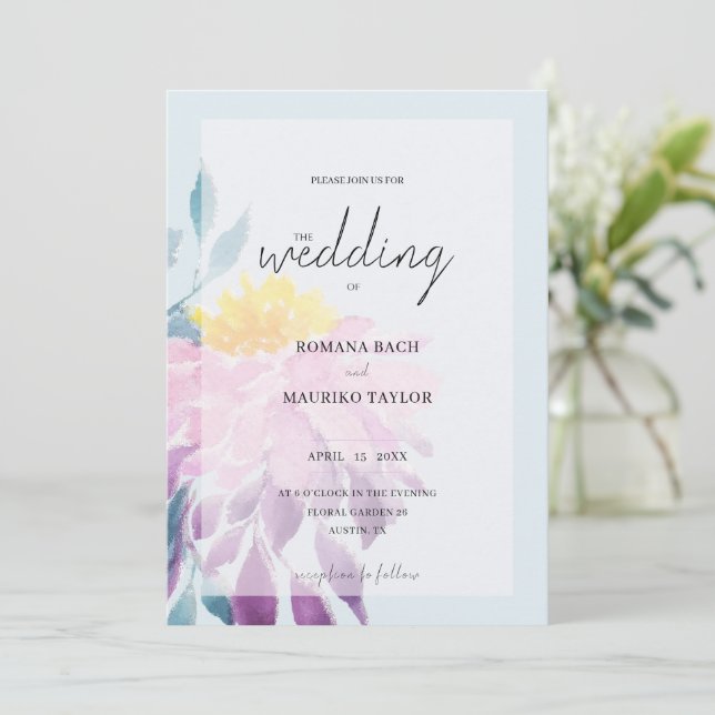 Elegant Purple Blue Pink Dahlia Watercolor Art Invitation (Standing Front)