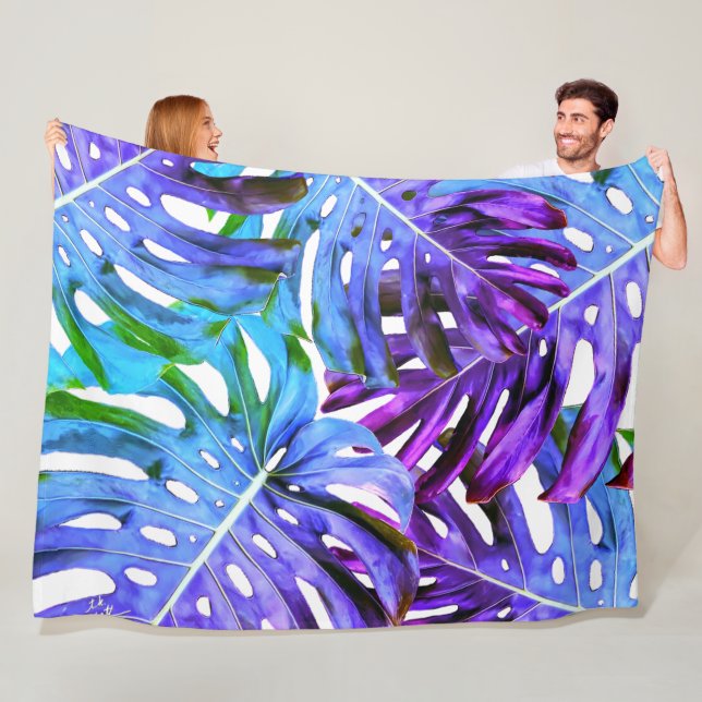 Elegant Purple Blue Tropical Monstera Leaf Pattern Fleece Blanket (In Situ)