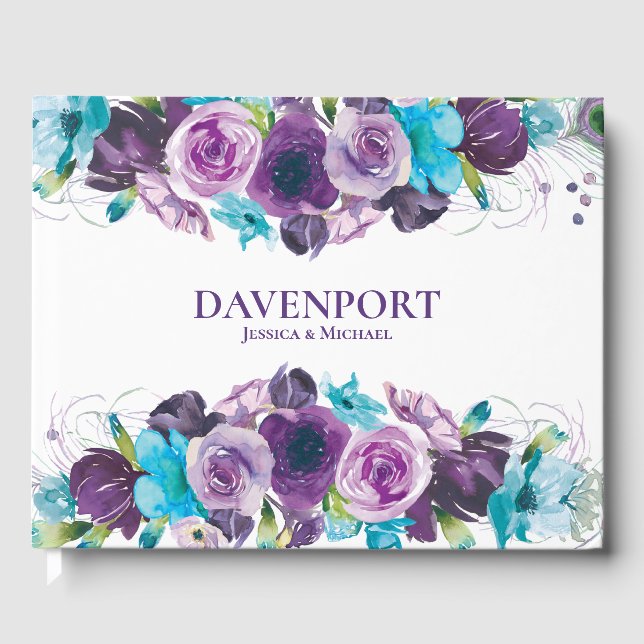 Elegant Purple Blue Watercolor Floral Wedding Guest Book (Front)