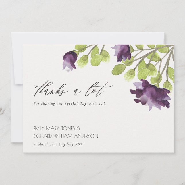 ELEGANT PURPLE BLUE WATERCOLOUR FLORAL THANK YOU CARD (Front)