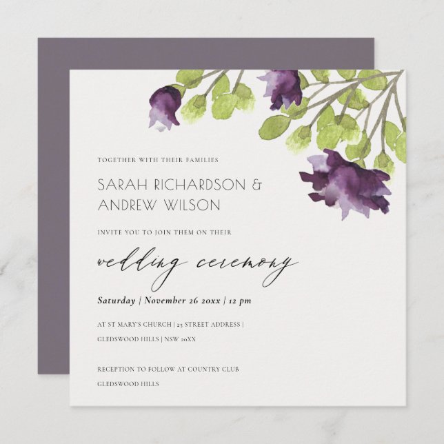 ELEGANT PURPLE BLUE WATERCOLOUR FLORAL WEDDING INVITATION (Front/Back)