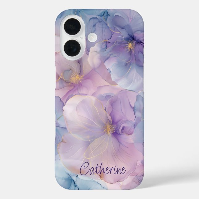 Elegant Purple Blue with Gold Floral Custom Name Case-Mate iPhone Case (Back)