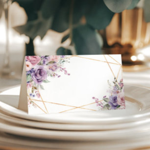 Elegant Purple & Blush Rose Flowers Wedding Place Card