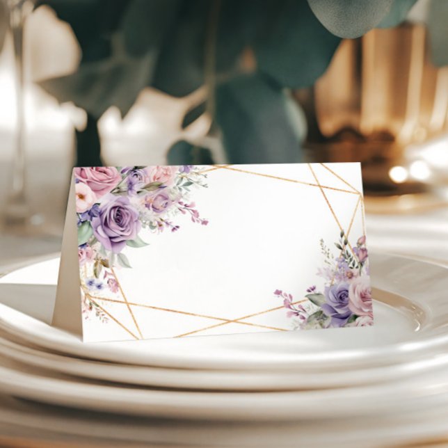 Elegant Purple & Blush Rose Flowers Wedding Place Card (Creator Uploaded)