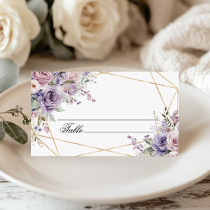 Elegant Purple & Blush Rose Flowers Wedding  Place Card