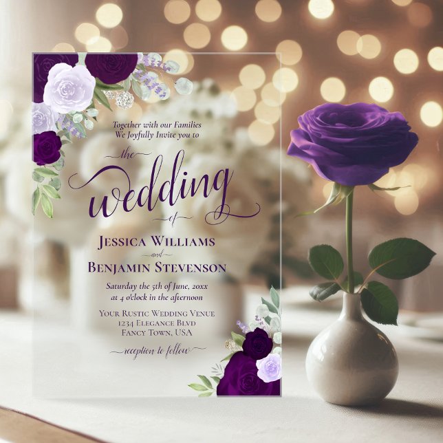 Elegant Purple Boho Chic Roses Fancy Wedding Acrylic Invitations (Creator Uploaded)