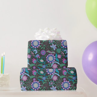 Elegant Purple Boho Flowers on Black Wrapping Paper